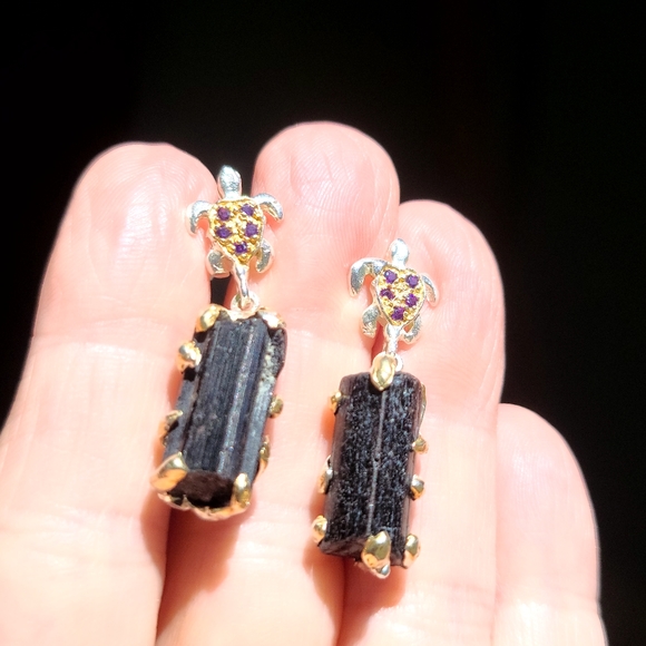 Amethyst &black tourmaline turtle 🐢 sterling &gold Earrings